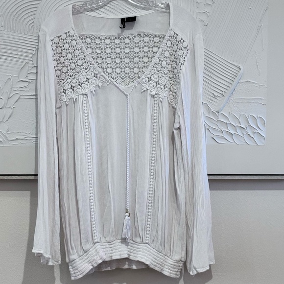 New Direction Women's SZ LWhite Long Sleeve Boho Peasant Top Lace Front Tie - Picture 1 of 10